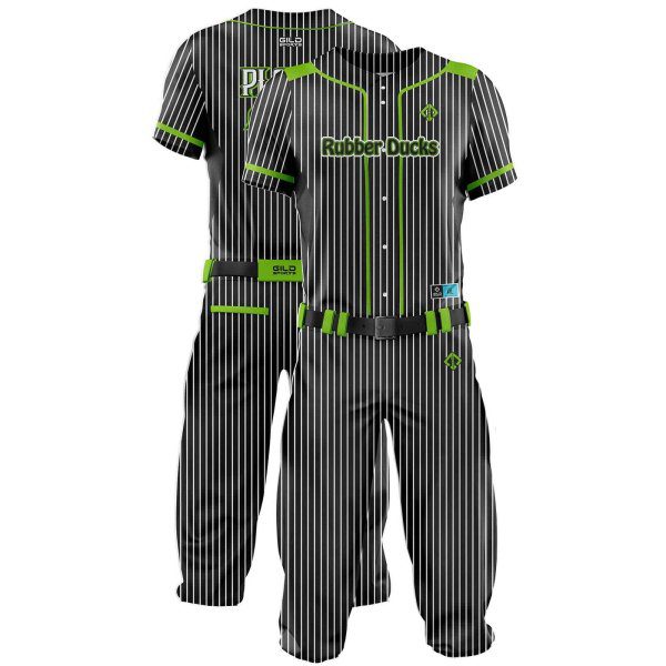 Double view in pine stripe Black and green color Cheap Custom Baseball Uniform