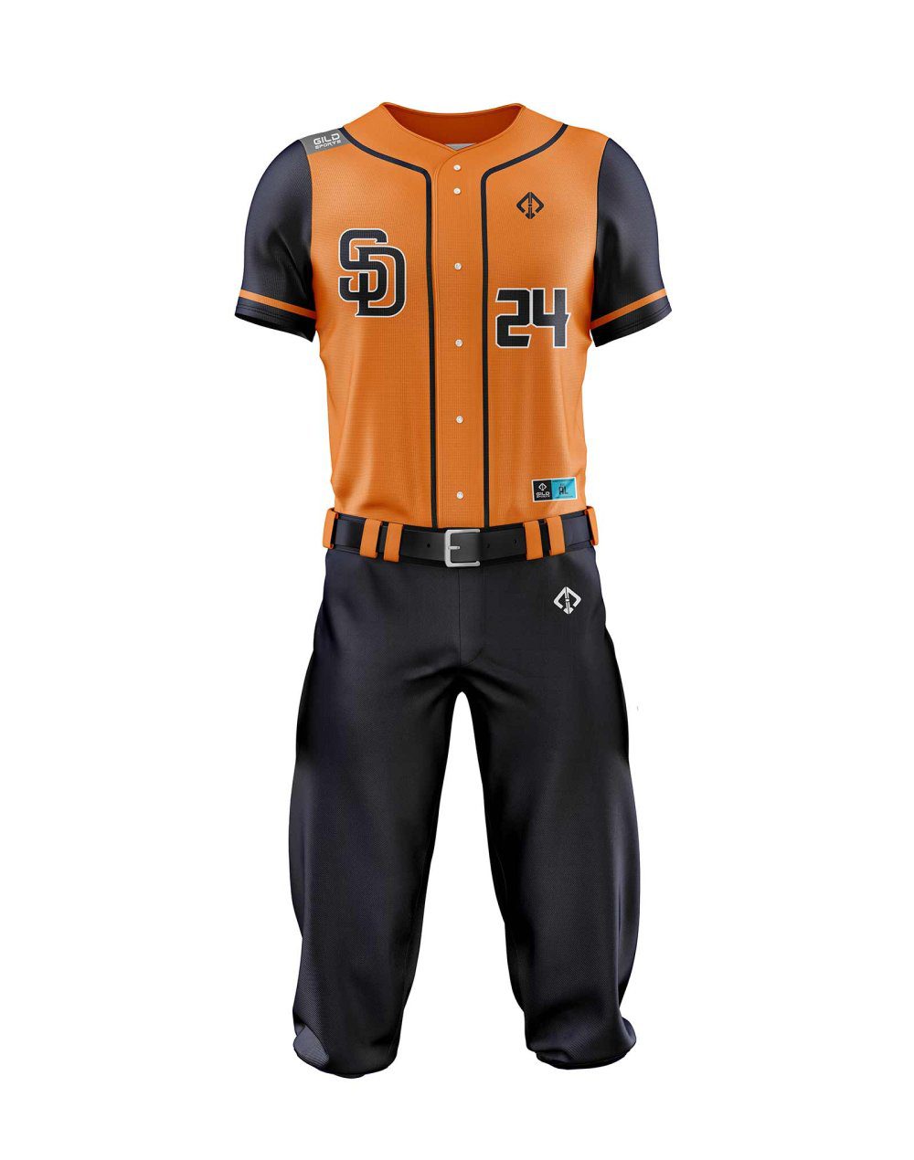 Front view black and orange color Baseball Costume Set