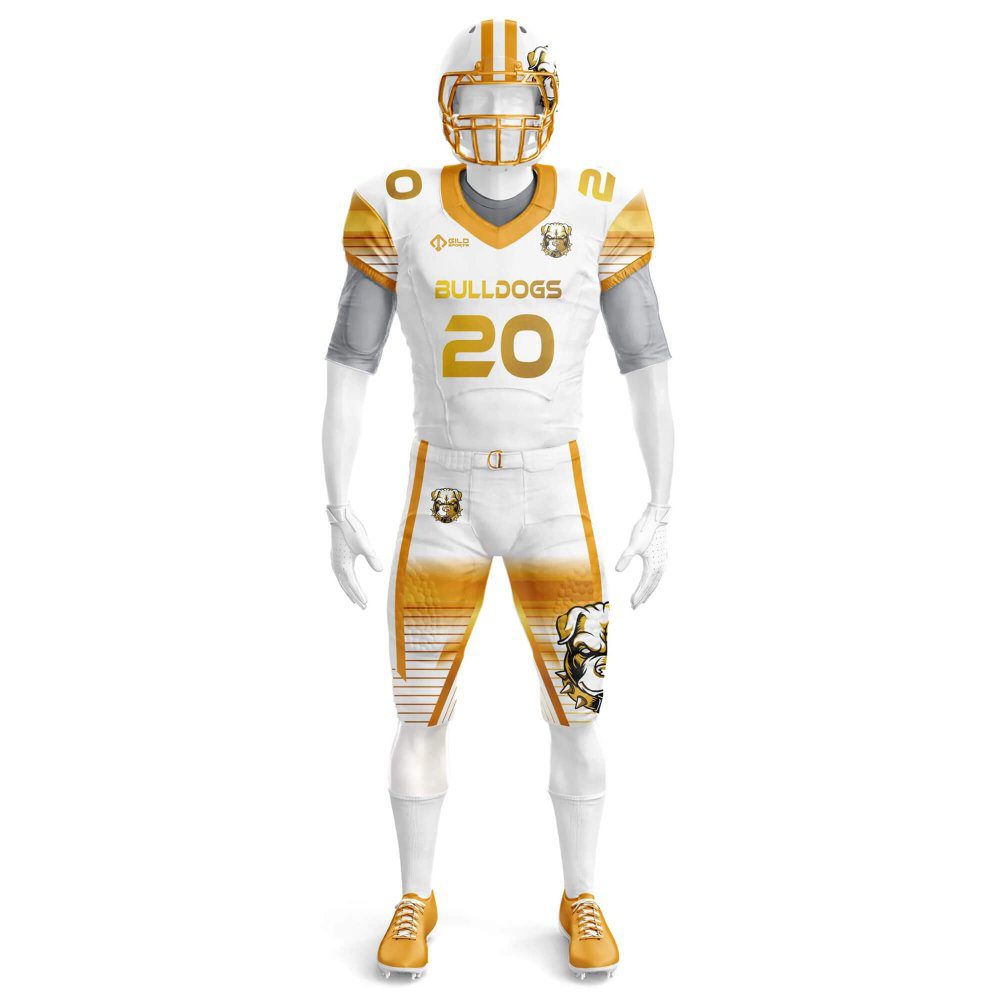 Front view of football game jerseys & pants