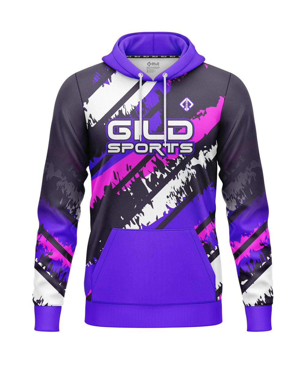 Front view purple and black cheap custom hoodies by gild sports