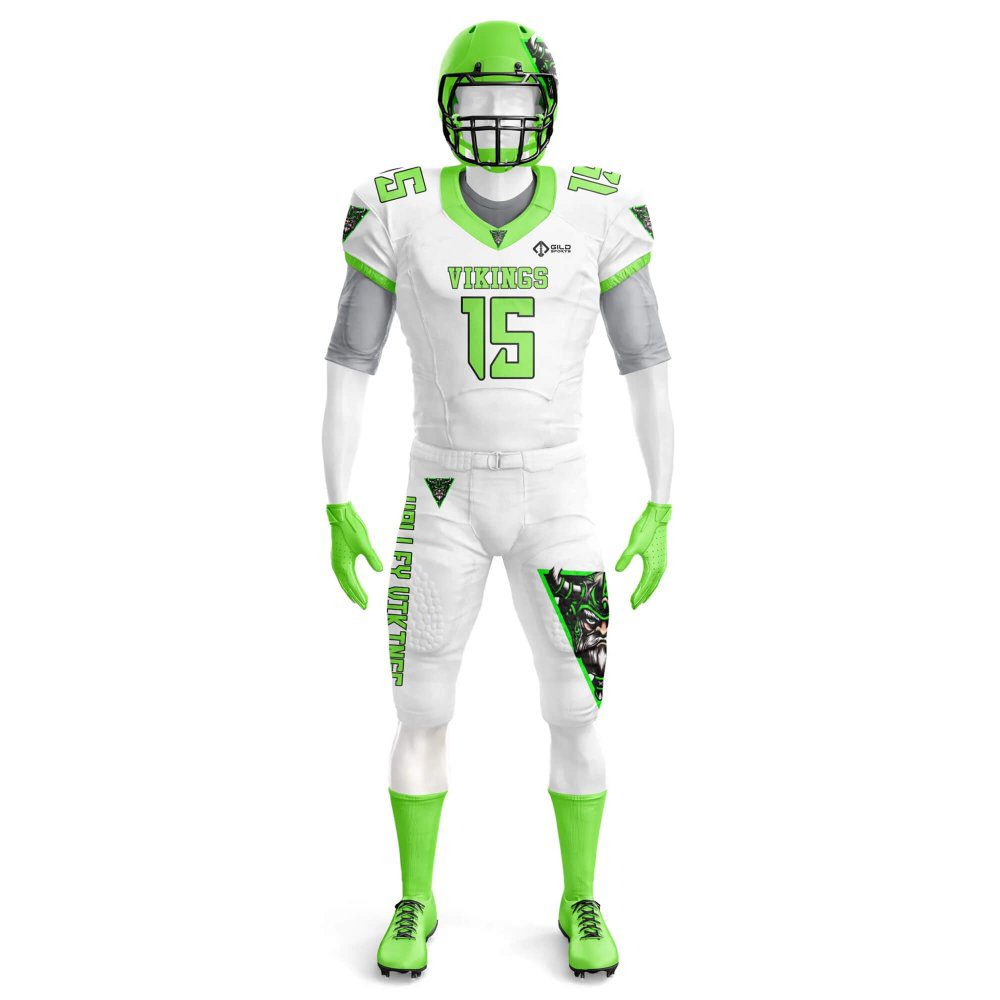 Front view in white and green color Custom Jerseys and Pants Football