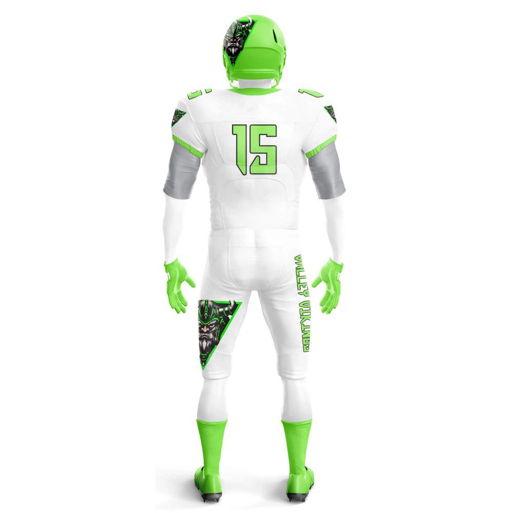 Back view in white and green color Custom Jerseys and Pants Football