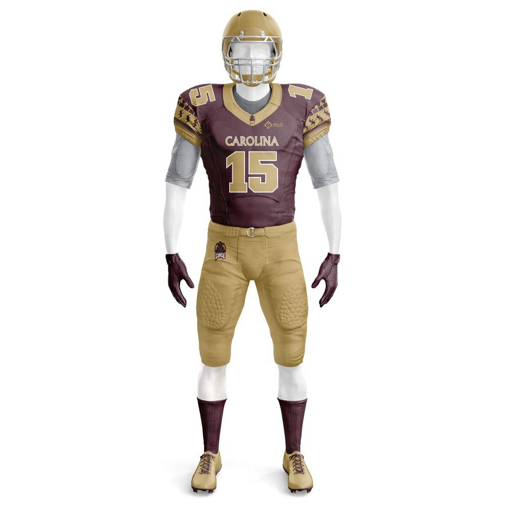 Front view and Gold and meroon color Custom Football Pants and jerseys