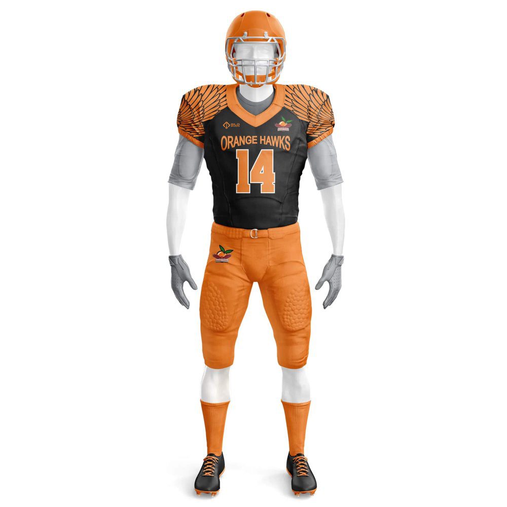 Front view in orange and black football uniforms customized