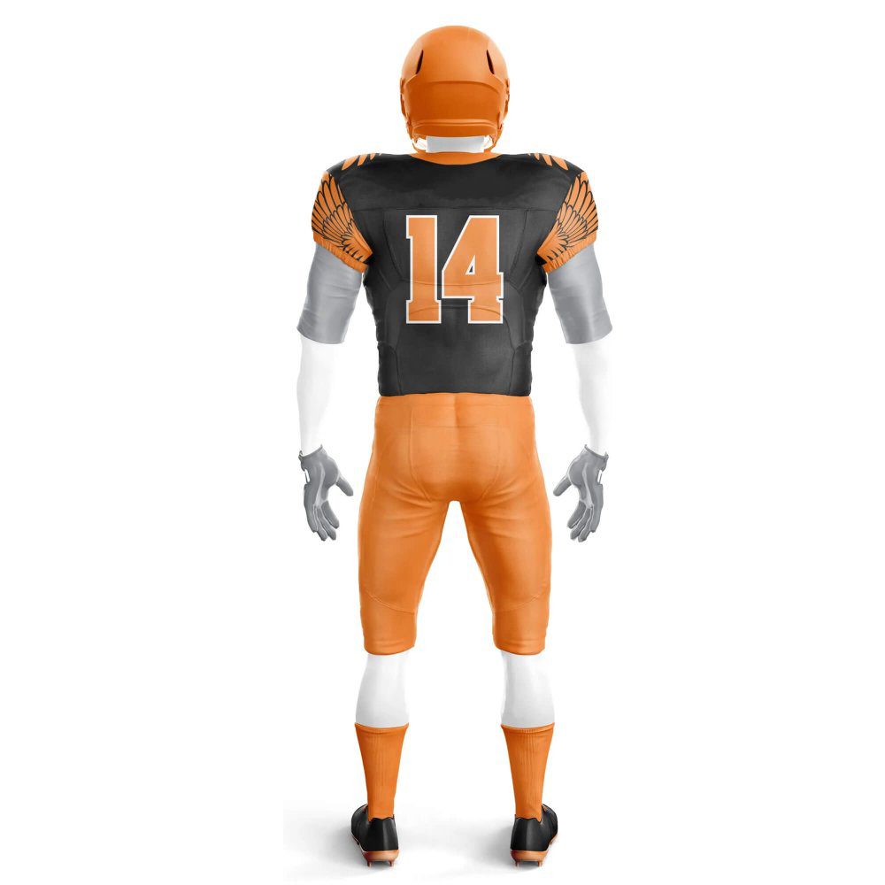 Back view in orange and black football uniforms customized