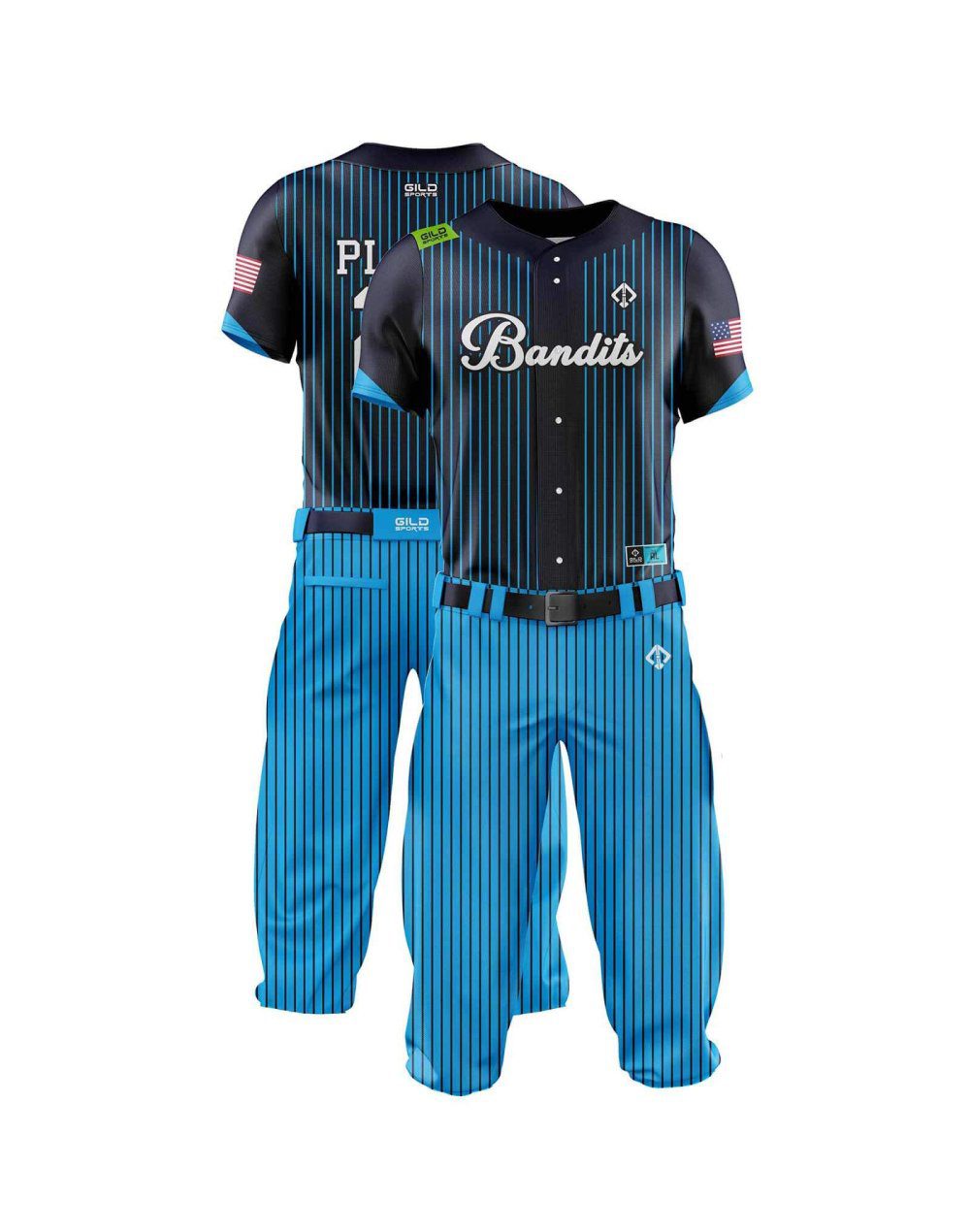 Double view in pine stripe Black and Blue color Personalized Baseball Uniforms