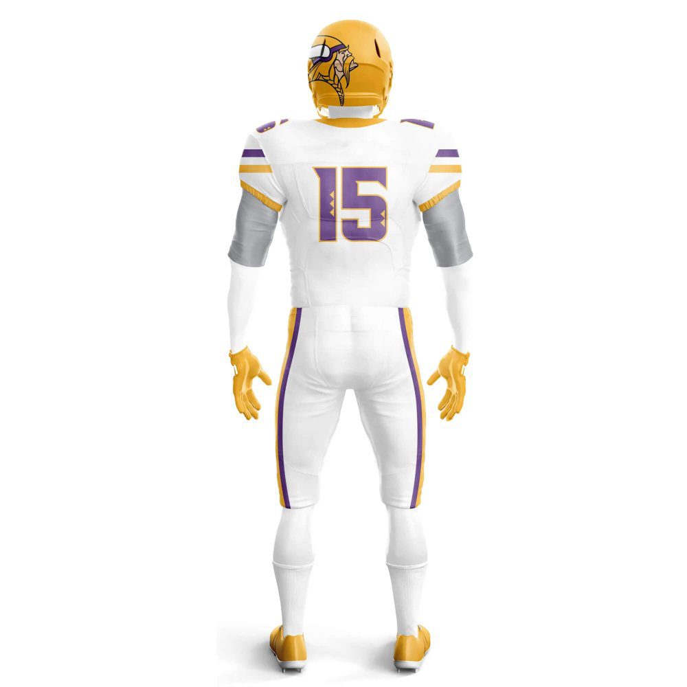 Back view white and yellow custom football practice jerseys.