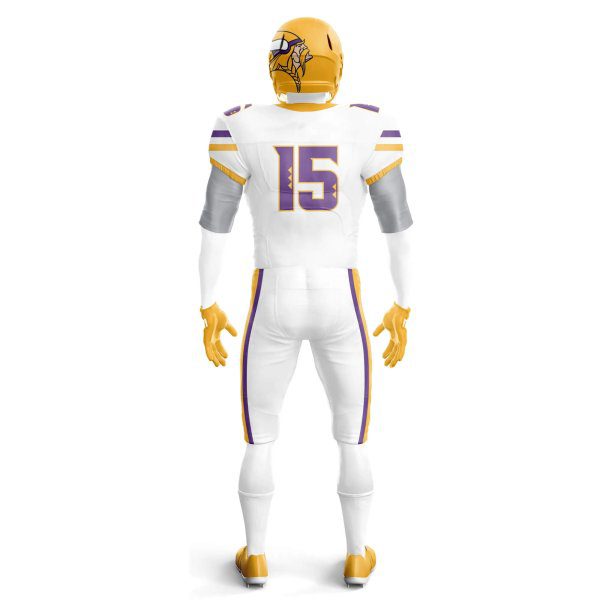 Back view white and yellow custom football practice jerseys.