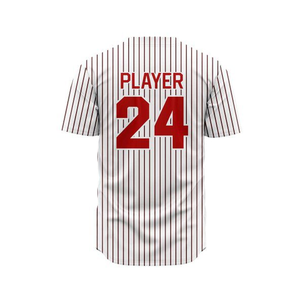 Back view in black and red pine stripe color youth baseball jerseys custom