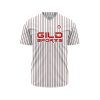 Front view in black and red pine stripe color youth baseball jerseys custom