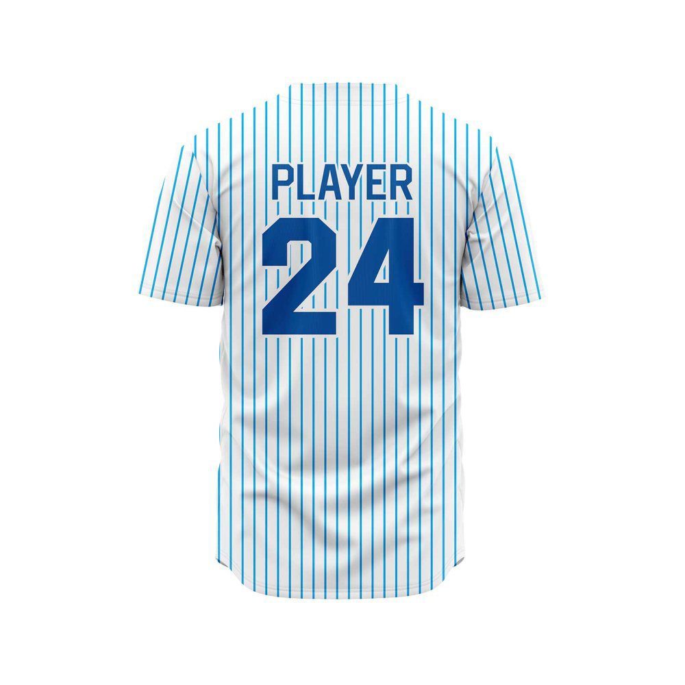 Back view in white and royal blue pine stripe color custom pinstripe baseball jersey