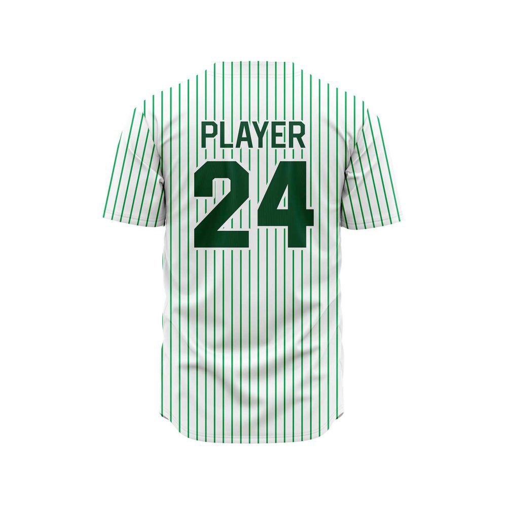 Back view in white and Green pine stripe color Custom Button Down Baseball Jerseys