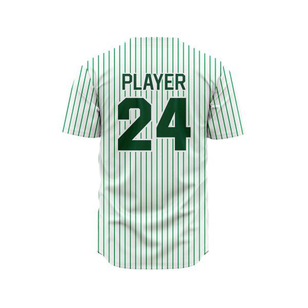 Back view in white and Green pine stripe color Custom Button Down Baseball Jerseys