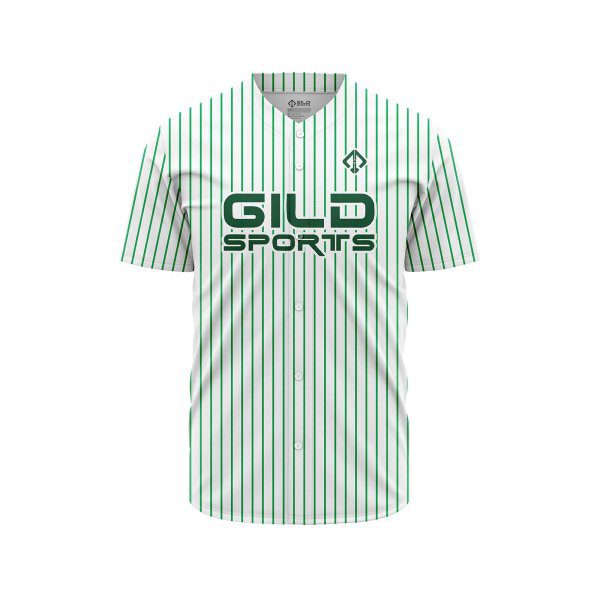 Front view in white and Green pine stripe color Custom Button Down Baseball Jerseys