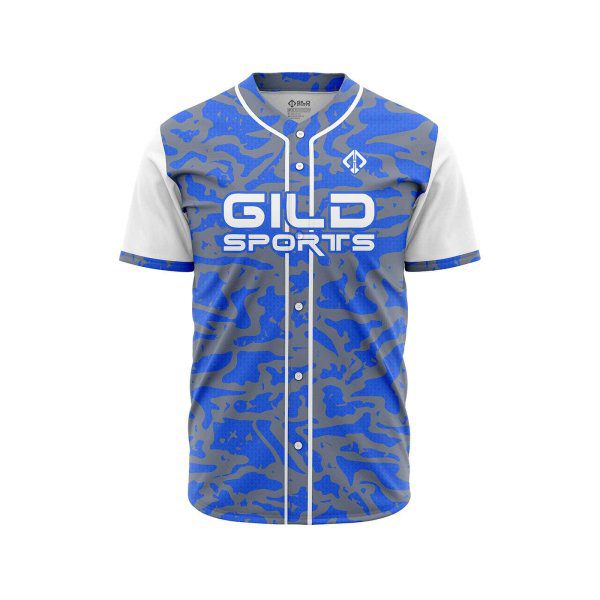 Front view in blue and grey camo color custom baseball jerseys canada