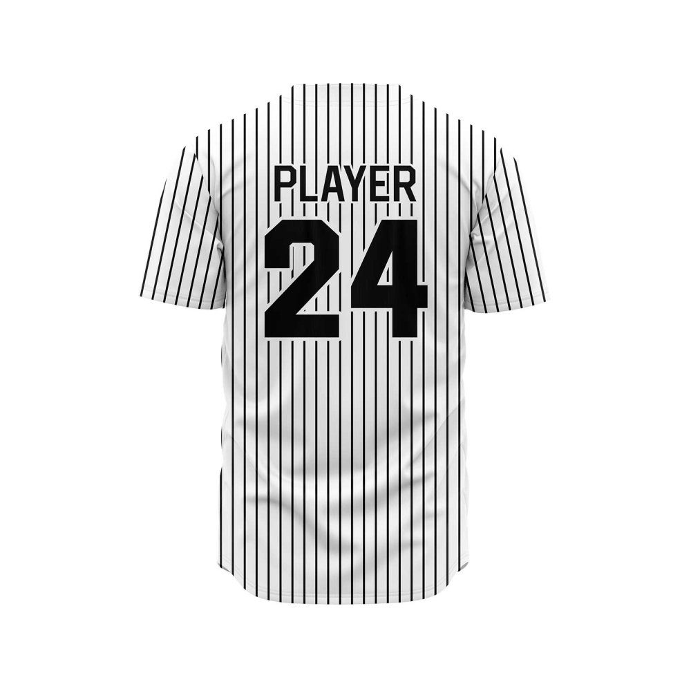 Back view in white and black pine stripe color custom baseball jersey builder