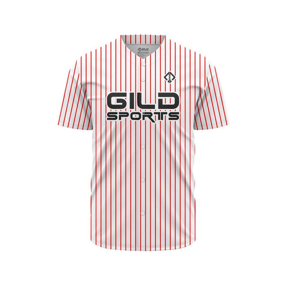 Front view in white and red pine stripe color custom design baseball jerseys