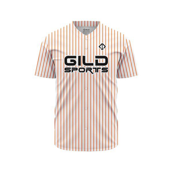 Front view in white and orange pine stripe color Personalized Baseball Jersey