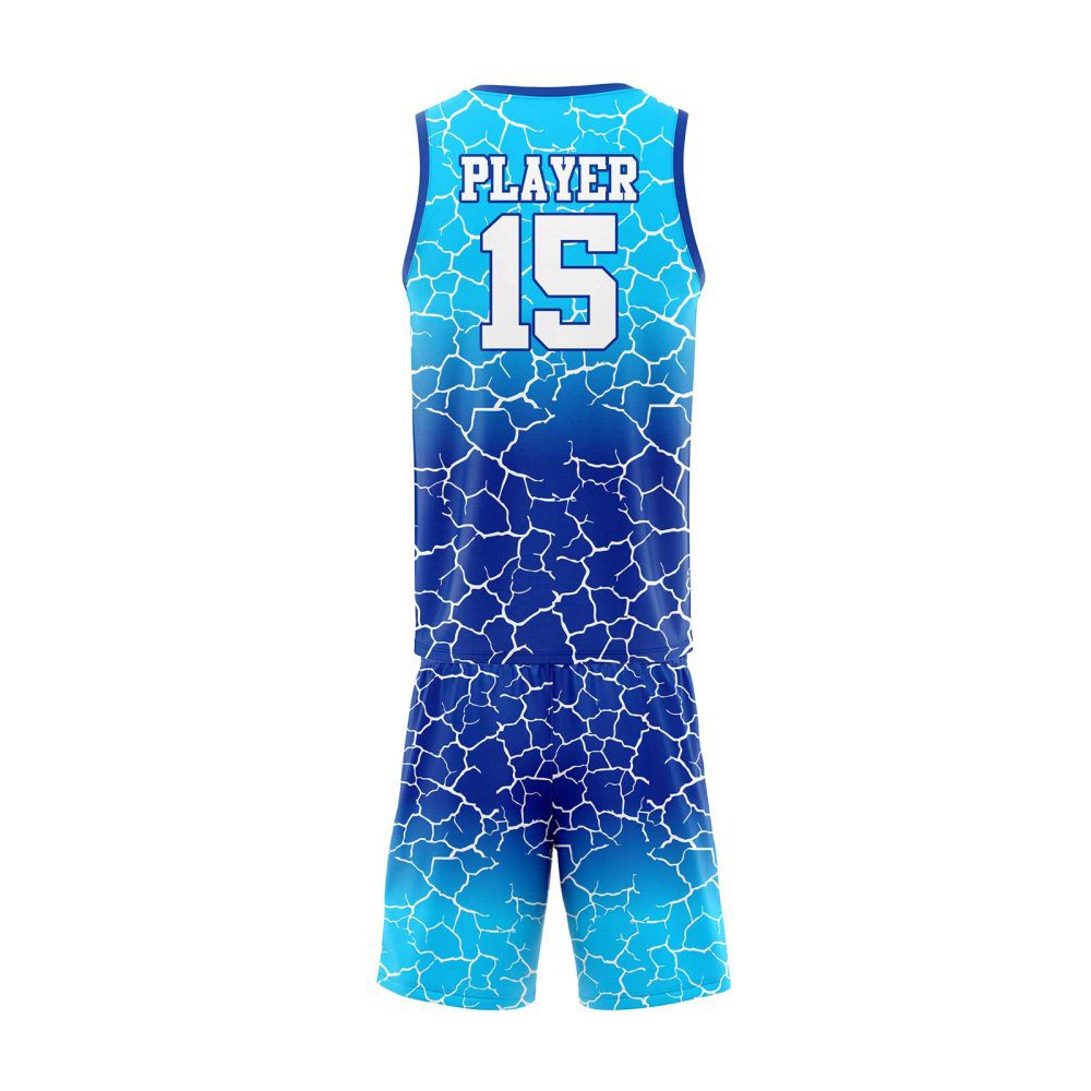 Back view Sky and Navy Blue color custom design basketball uniforms by gild sports