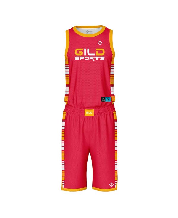 Front View red color custom basketball uniforms canada by Gild Sports