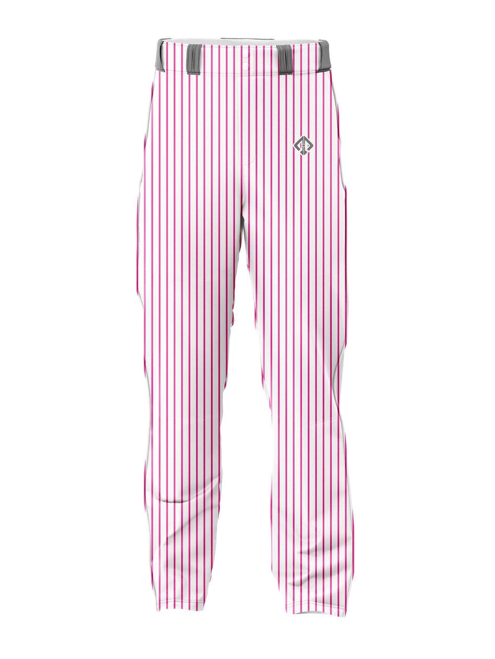 Front view white with pink stripes Women's Baseball Pants by gild sports