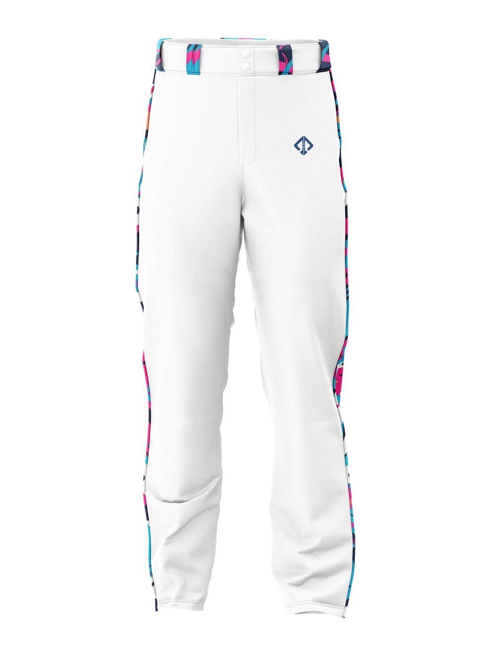 Front view white color with camo side panel Customized Baseball Pants Canada by gild sports