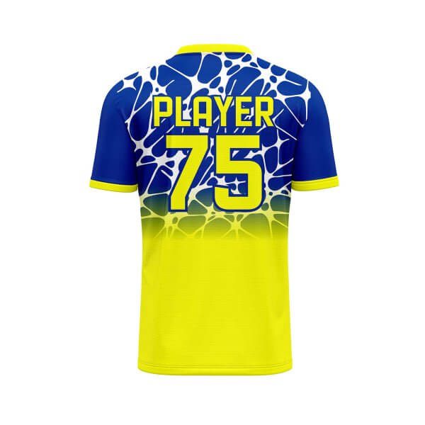 Back view Blue and yellow color baseball tee shirts by gild sports