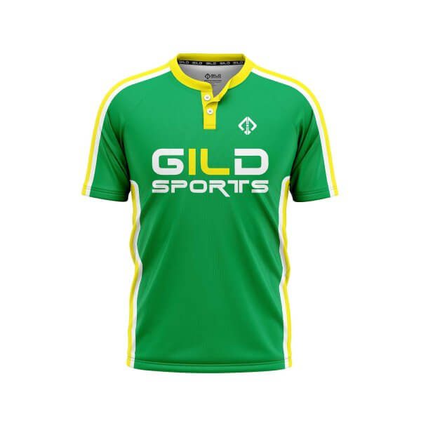 Front view of green and yellow color a baseball jersey design made by gild sports