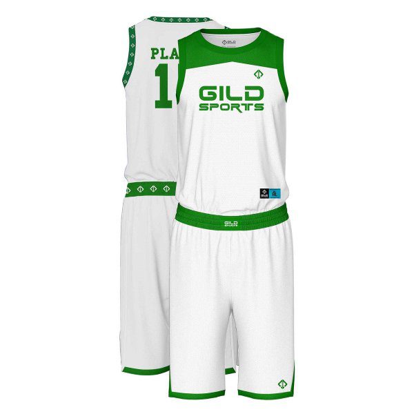 White and green Cheap basketball uniform by Gild Sports