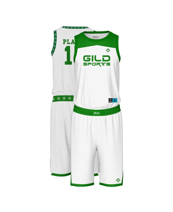 White and green Cheap basketball uniform by Gild Sports