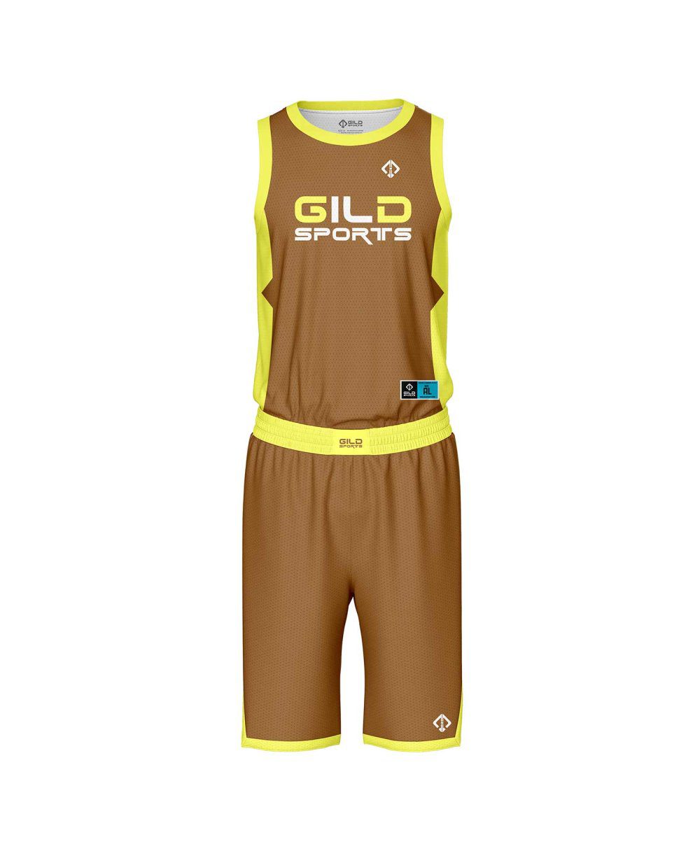 Front view Brown and yellow color custom basketball uniforms by Gild Sports