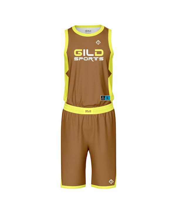 Front view Brown and yellow color custom basketball uniforms by Gild Sports