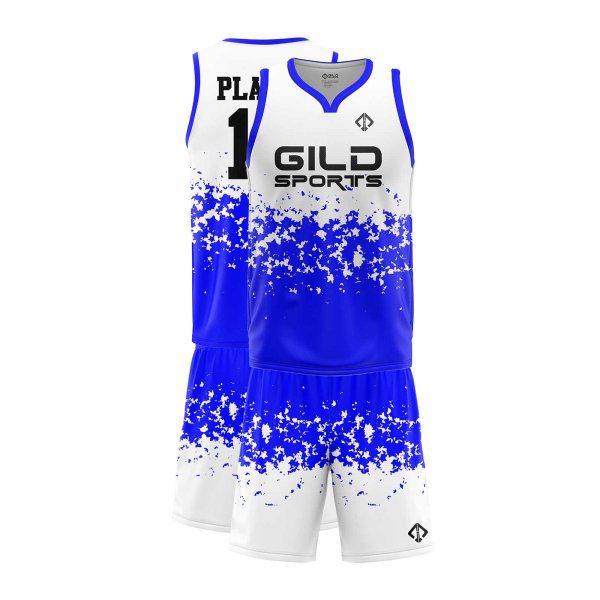 White and Royal Blue color basketball uniform maker by Gild Sports