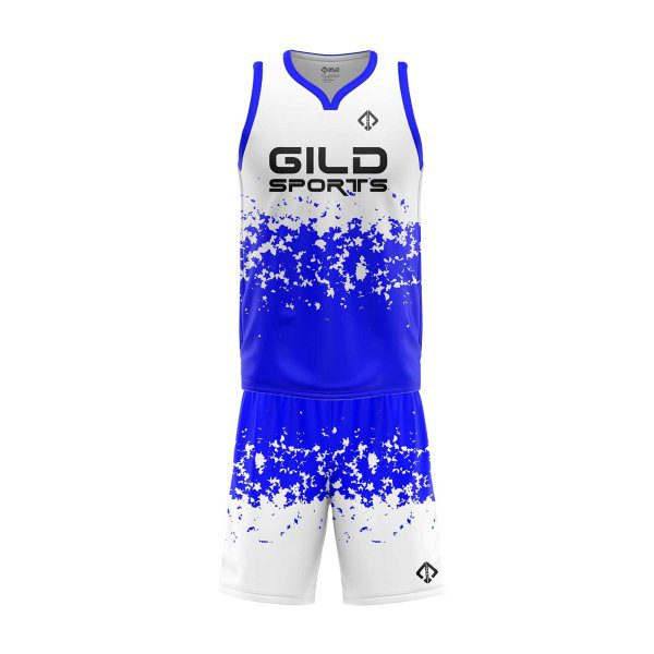 Front view White and Royal Blue color basketball uniform maker by Gild Sports