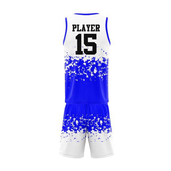 Back view White and Royal Blue color basketball uniform maker by Gild Sports