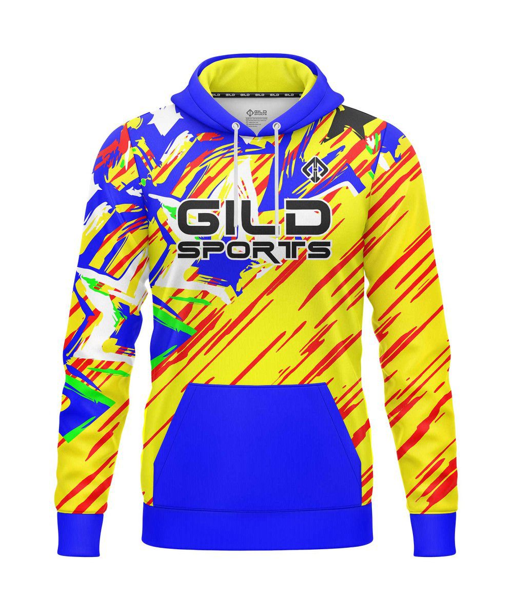 Front view Yellow and blue Customized Team Hoodies by Gild Sports