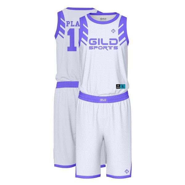 white and purple custom basketball kits by gild sports