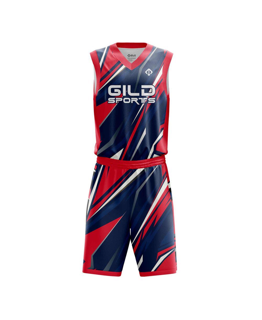 Front view Red color customized basketball uniforms canada by Gild Sports