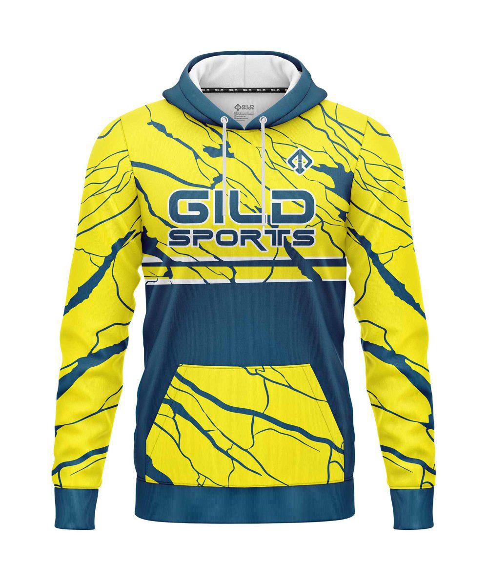 Front view yellow and dark green Custom hockey hoodie by gild sports