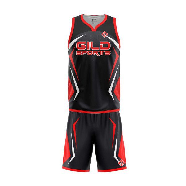 Front view Red and Black personalized basketball uniforms canada by Gild Sports