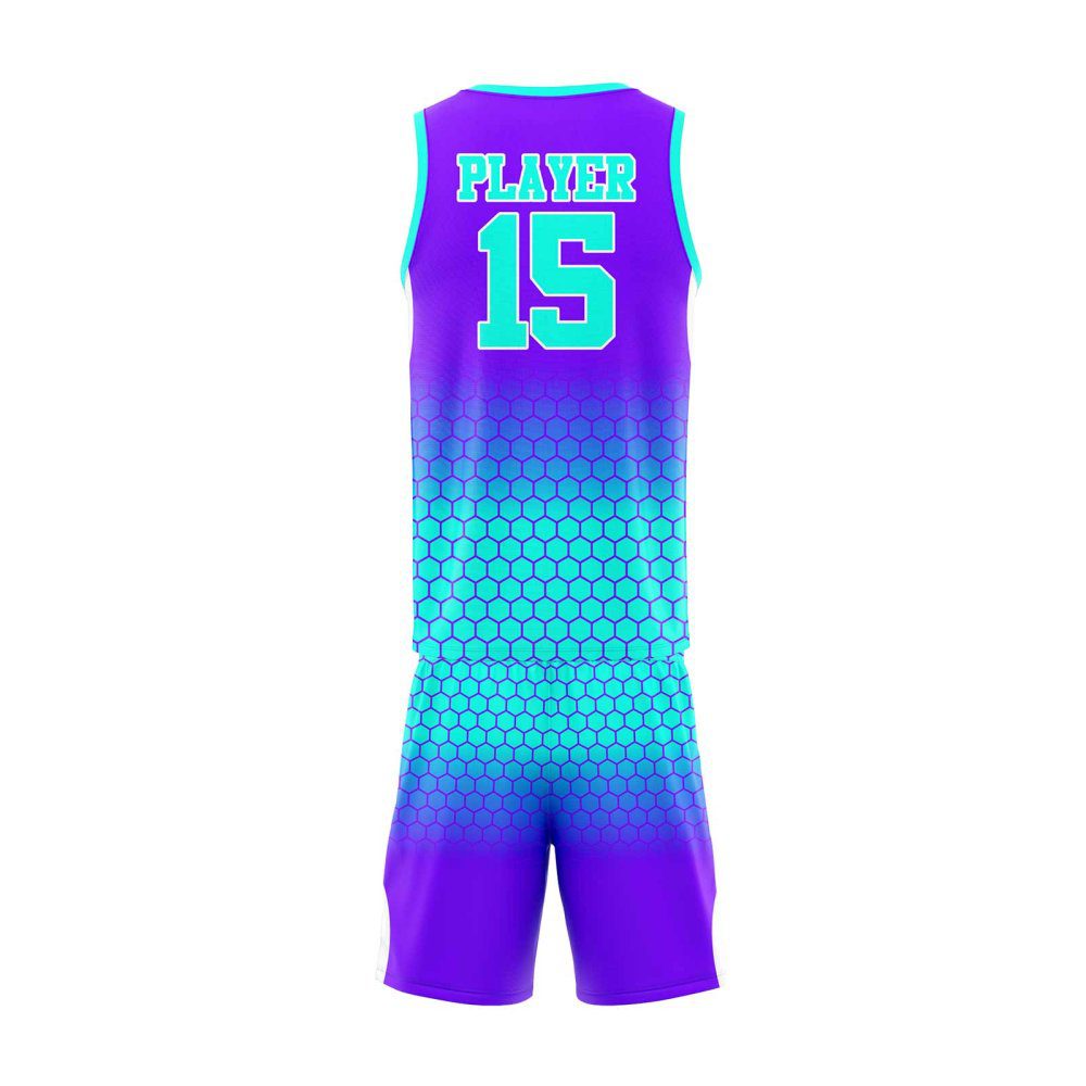 Back view Purple and sky blue personalized design basketball uniforms by Gild Sports