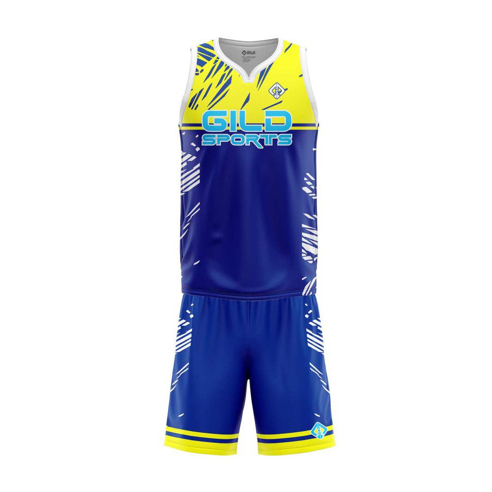 Front view Royal Blue and yellow color basketball uniform creator by Gild Sports