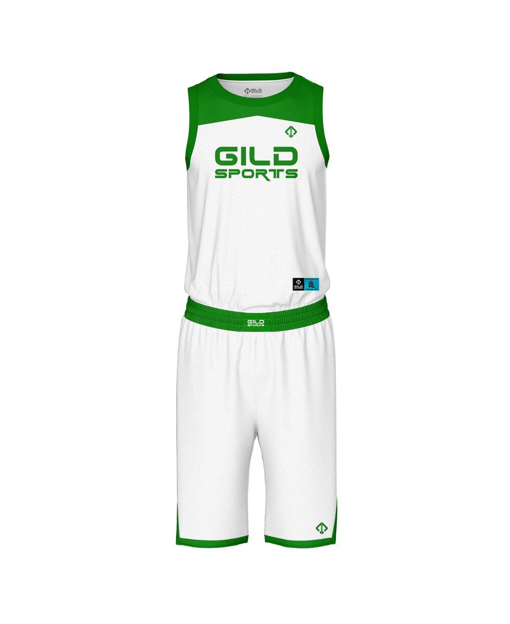 White and green Cheap basketball uniform by Gild Sports