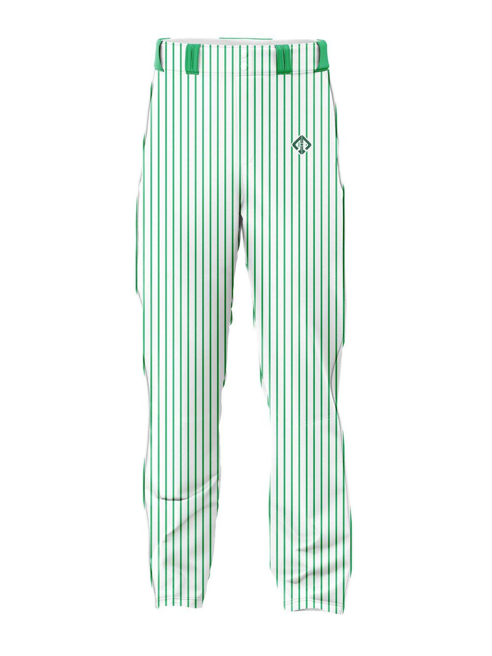 Front view white with green stripes Customized Mens Baseball Pants by Gild sports