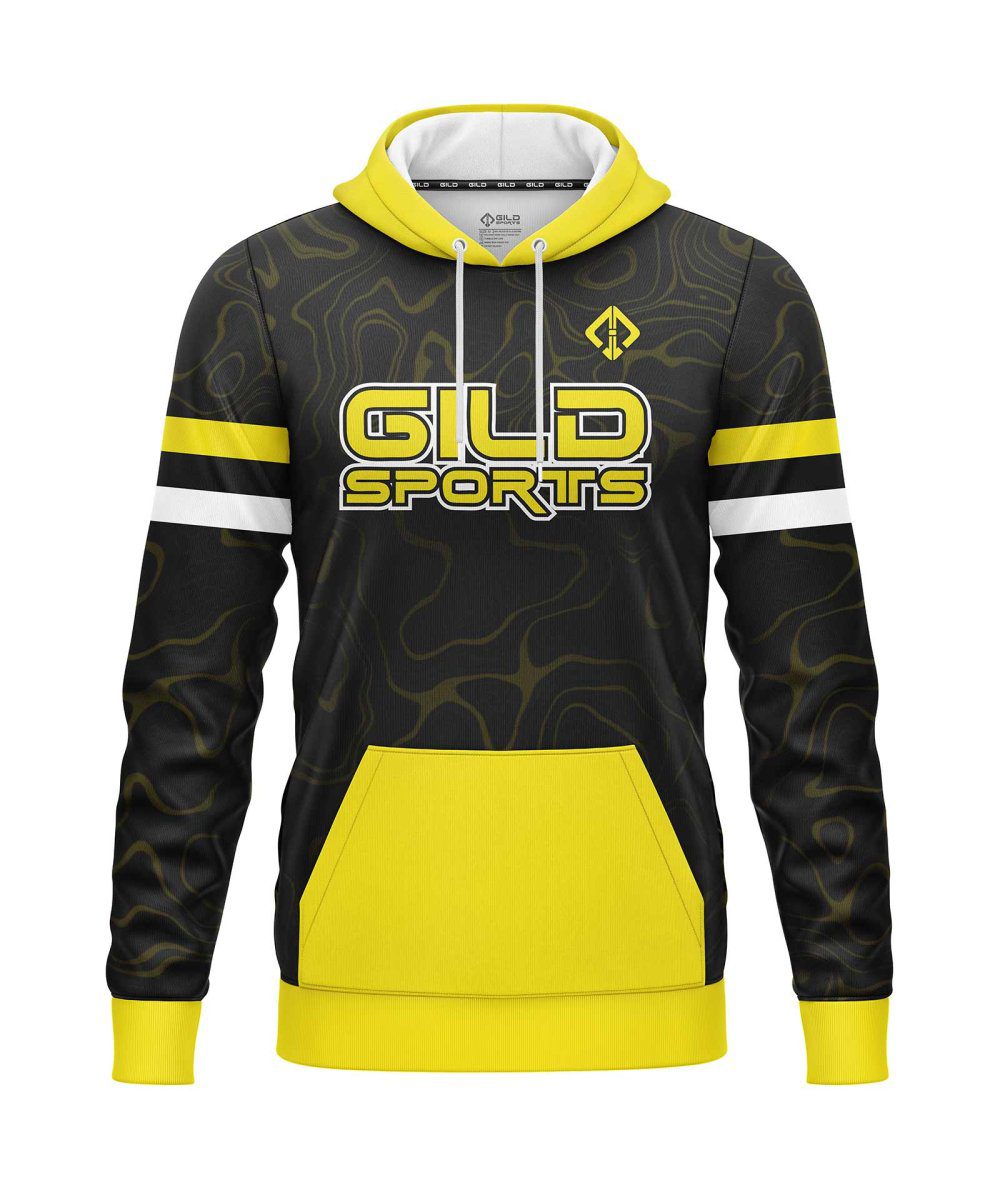 Front view black and yellow color customized hoodies cheap by gild sports