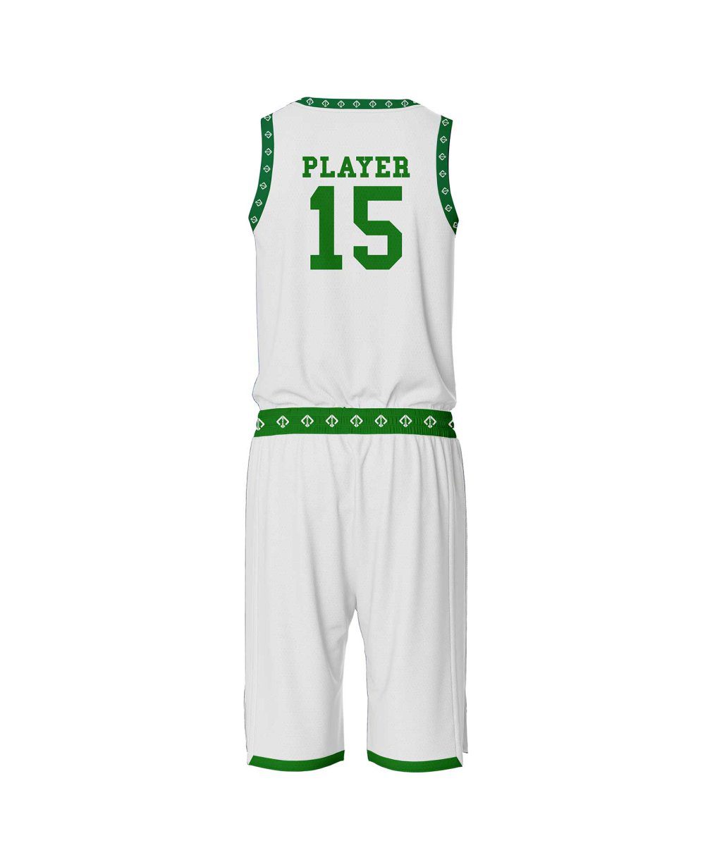 Back view White and green Cheap basketball uniform by Gild Sports