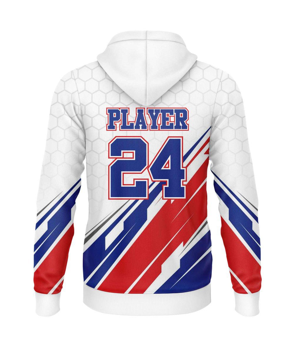 Back view white blue and red color custom hoodies Canada by Gild Sports