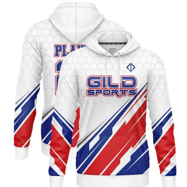 white blue and red color Custom Sublimated Hoodies by Gild Sports