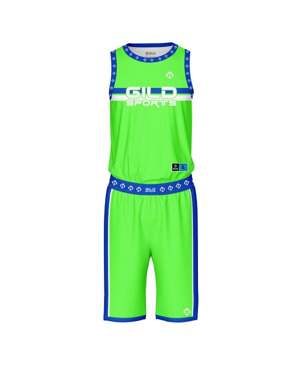 Front view Light Green customized design basketball uniforms by Gild Sports
