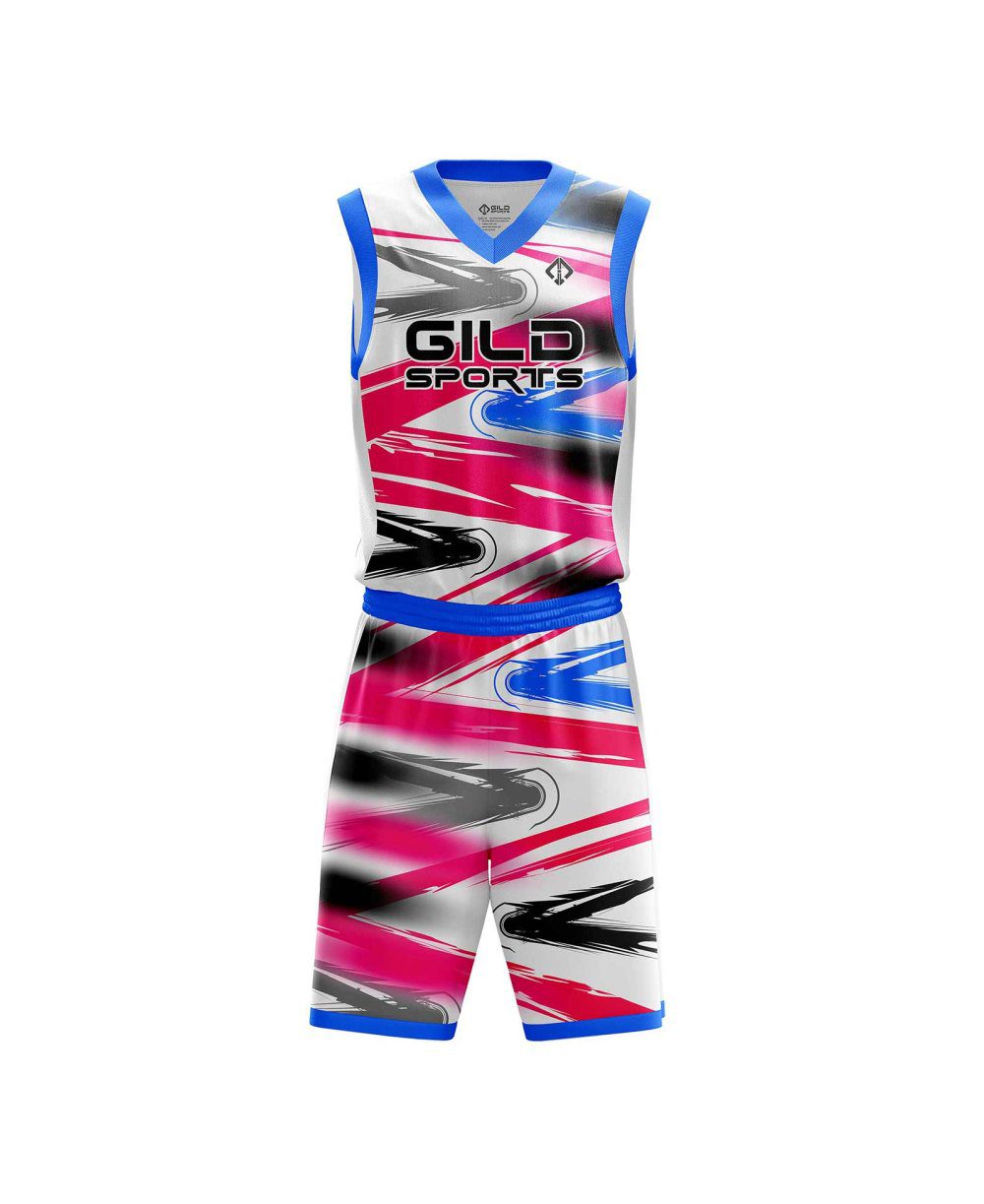 Front view Red and royal blue basketball uniform design by Gild Sports